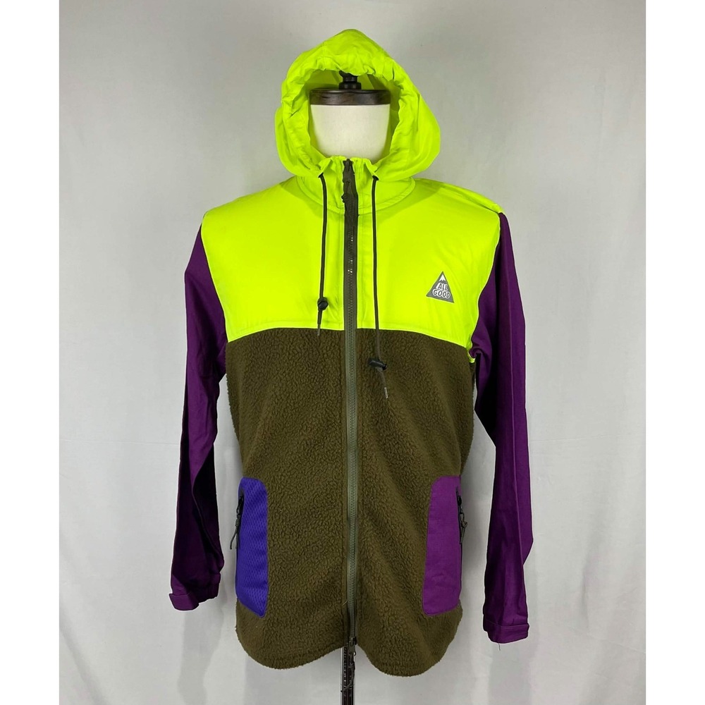EUC All Good Fleece Hooded Jacket Colorblock Neon Yellow Olive Purple Mens Small